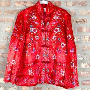VTG 1950's Embroidered Plums Blossoms Silk Jacket